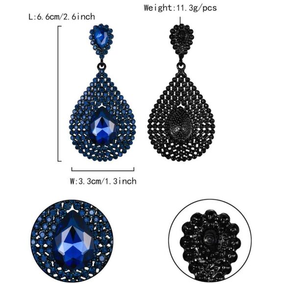Carbon Black with Blue Sapphire Crystal Hollow Teardrop Chandelier Post Earrings - Picture 4 of 4